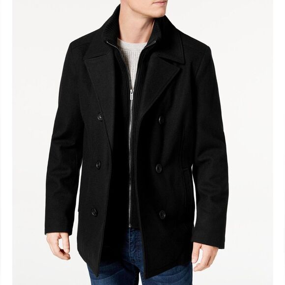 Kenneth Cole Men's Double Breasted Wool Blend Peacoat with Bib size L NWT in pkg - Picture 1 of 10